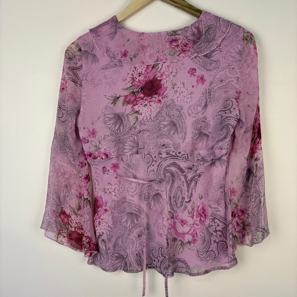 Vintage Y2K Silk Pink Floral Long Sleeve Blouse Babydoll Fairy - Picture 4 of 6